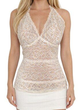 Cache Lace Halter Tank Ivory Champagne Lined S